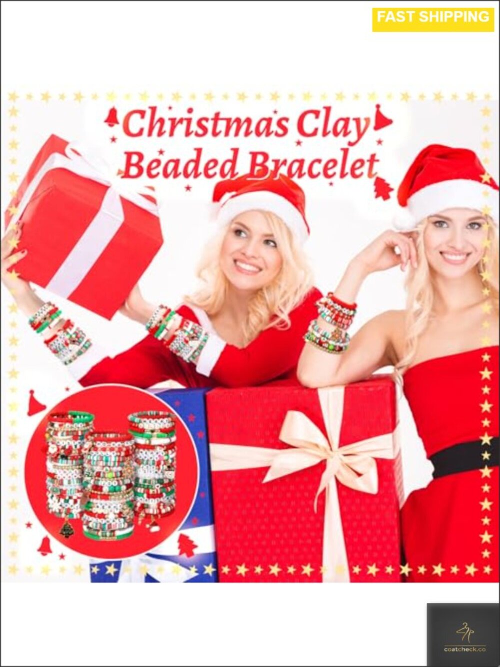 64 Pc Christmas Polymer Clay Beaded Stretch Bracelets Set Stackable - Picture 5 of 5